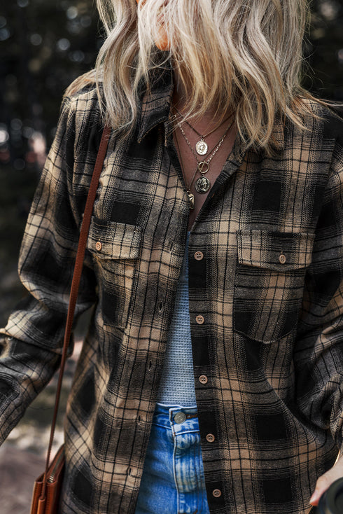 Retro Plaid Double Flap Pocket Brushed Shacket