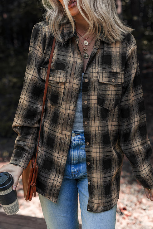 Retro Plaid Double Flap Pocket Brushed Shacket