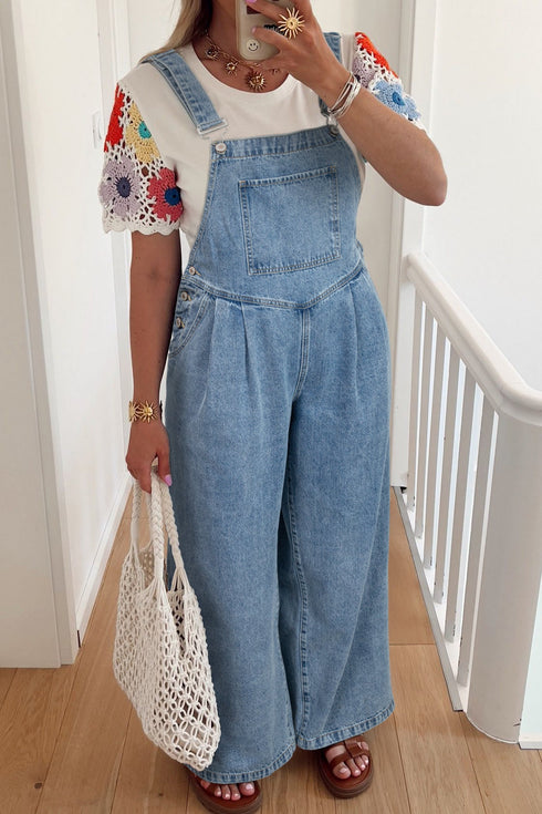 Retro Pleated Wide Leg Pocketed Denim Jumpsuit