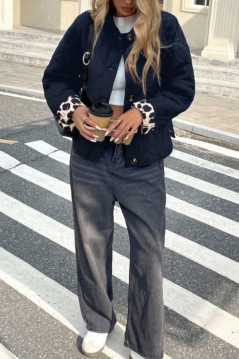 Retro Quilted Leopard Cuff Button Down Lined Puffer Jacket