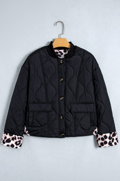 Retro Quilted Leopard Cuff Button Down Lined Puffer Jacket