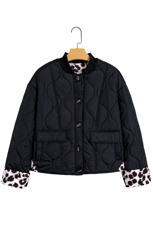 Retro Quilted Leopard Cuff Button Down Lined Puffer Jacket