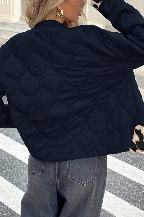 Retro Quilted Leopard Cuff Button Down Lined Puffer Jacket