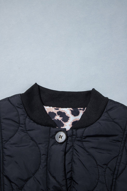 Retro Quilted Leopard Cuff Button Down Lined Puffer Jacket