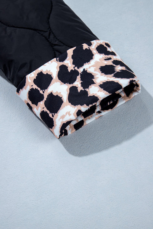 Retro Quilted Leopard Cuff Button Down Lined Puffer Jacket