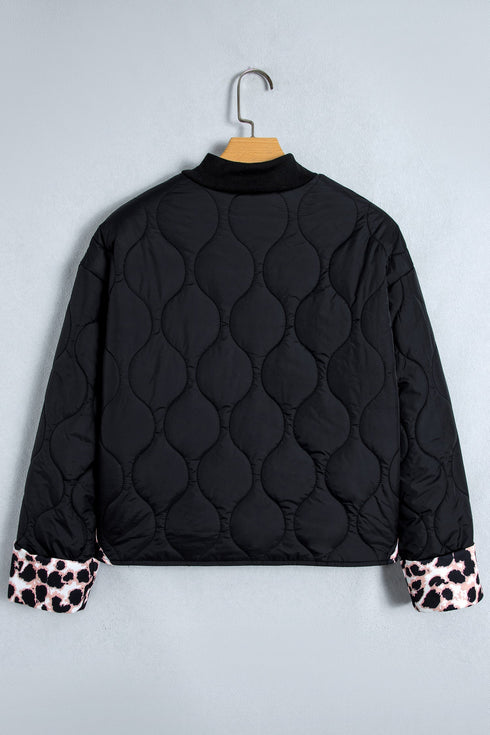 Retro Quilted Leopard Cuff Button Down Lined Puffer Jacket