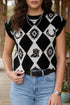 Retro Rhombus Western Print Drop Shoulder Short Sleeve Sweater