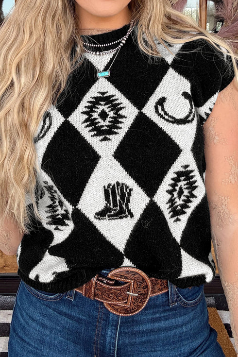 Retro Rhombus Western Print Drop Shoulder Short Sleeve Sweater