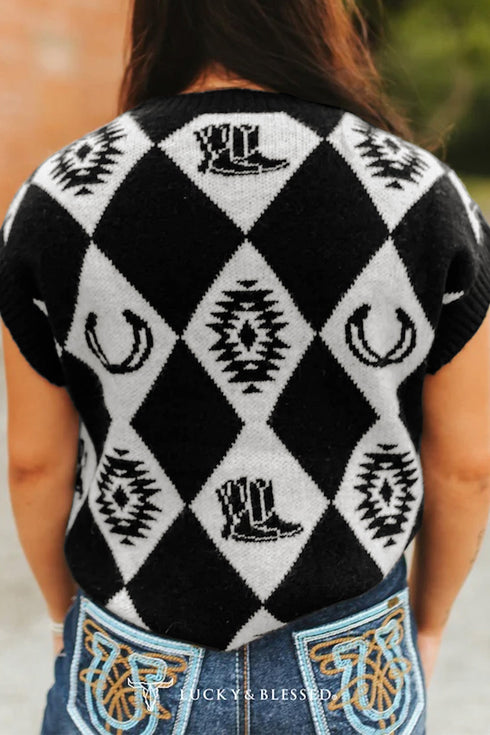 Retro Rhombus Western Print Drop Shoulder Short Sleeve Sweater