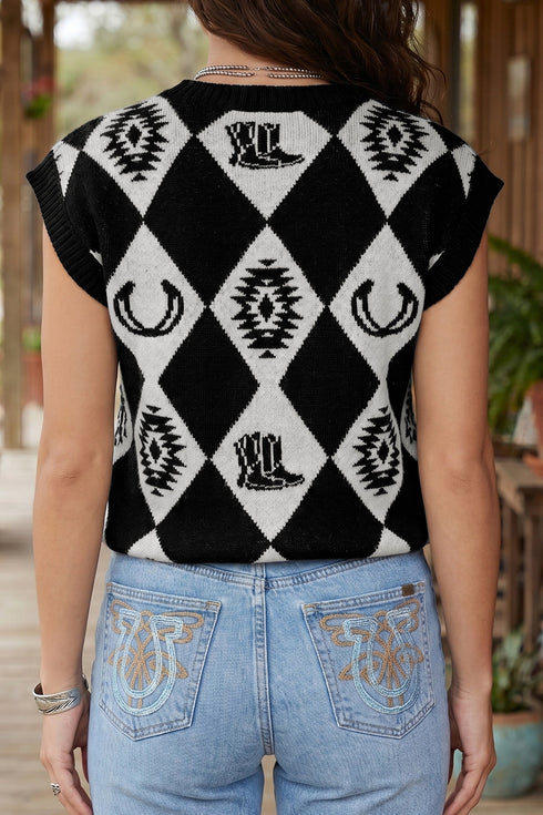 Retro Rhombus Western Print Drop Shoulder Short Sleeve Sweater