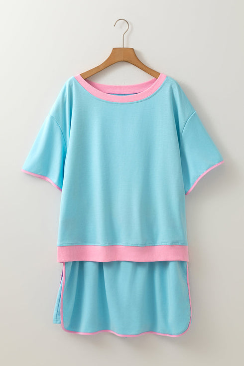 Retro Ringer Tee And Drawstring Skirt Two Piece Lounge Set