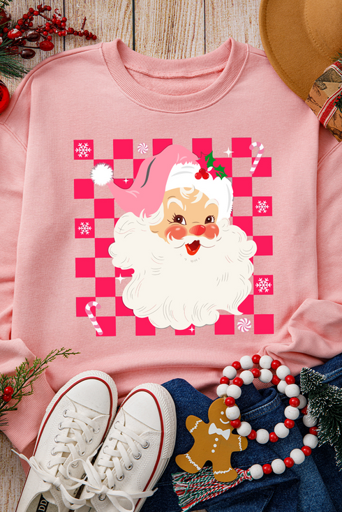Retro Santa Graphic Checkered Print Holiday Sweatshirt