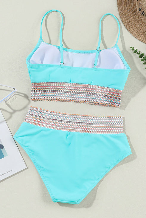Retro Striped Patchwork High Waisted Spaghetti Strap Bikini Swimsuit Set