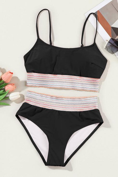 Retro Striped Patchwork High Waisted Spaghetti Strap Bikini Swimsuit Set