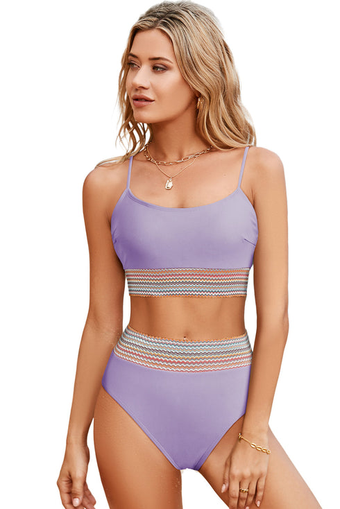 Retro Striped Patchwork High Waisted Spaghetti Strap Bikini Swimsuit Set