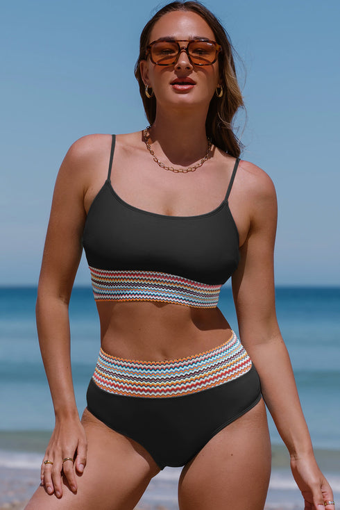 Retro Striped Patchwork High Waisted Spaghetti Strap Bikini Swimsuit Set