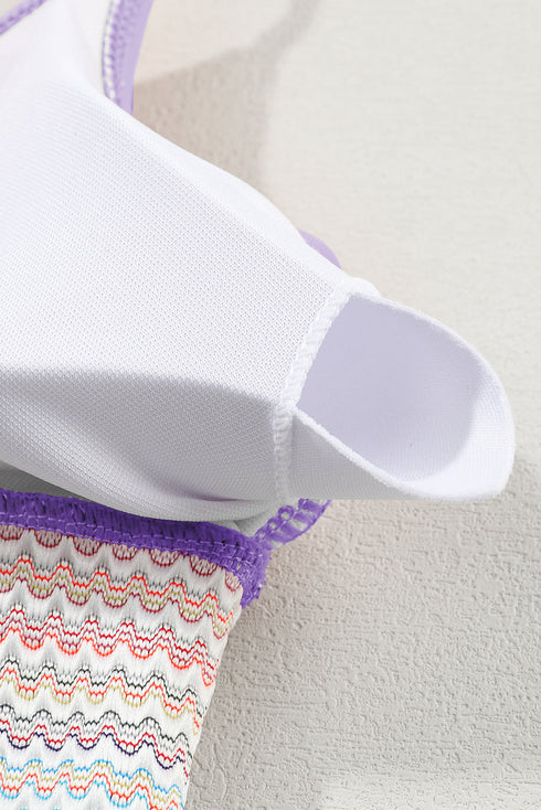 Retro Striped Patchwork High Waisted Spaghetti Strap Bikini Swimsuit Set