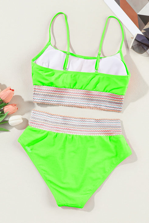 Retro Striped Patchwork High Waisted Spaghetti Strap Bikini Swimsuit Set