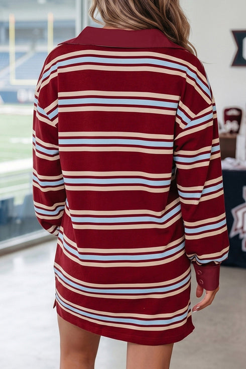 Retro Striped Polo Collar Long Sleeve Shift Mini Dress