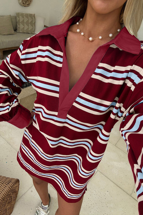 Retro Striped Polo Collar Long Sleeve Shift Mini Dress