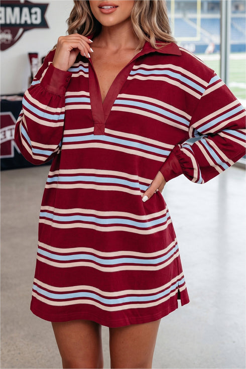 Retro Striped Polo Collar Long Sleeve Shift Mini Dress