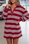 Retro Striped Polo Collar Long Sleeve Shift Mini Dress