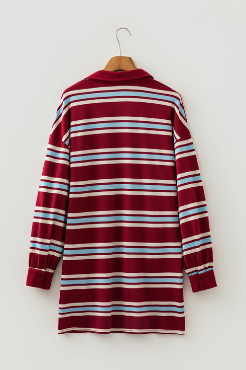 Retro Striped Polo Collar Long Sleeve Shift Mini Dress