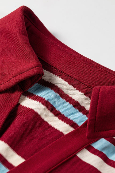 Retro Striped Polo Collar Long Sleeve Shift Mini Dress