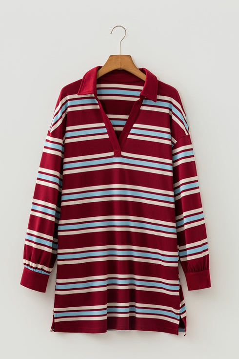 Retro Striped Polo Collar Long Sleeve Shift Mini Dress