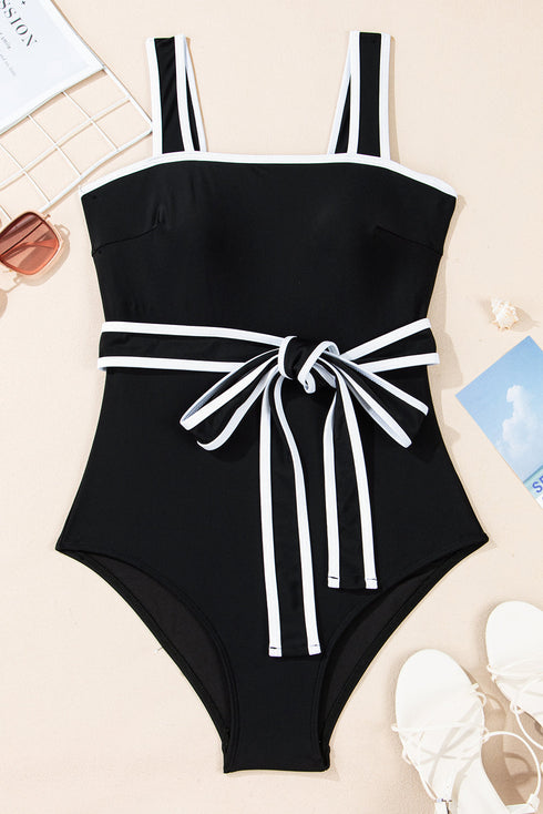 Retro Style Square Neck Belted Shaping One Piece