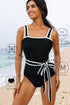 Retro Style Square Neck Belted Shaping One Piece