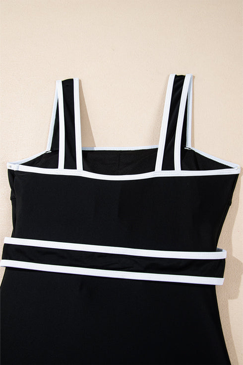 Retro Style Square Neck Belted Shaping One Piece