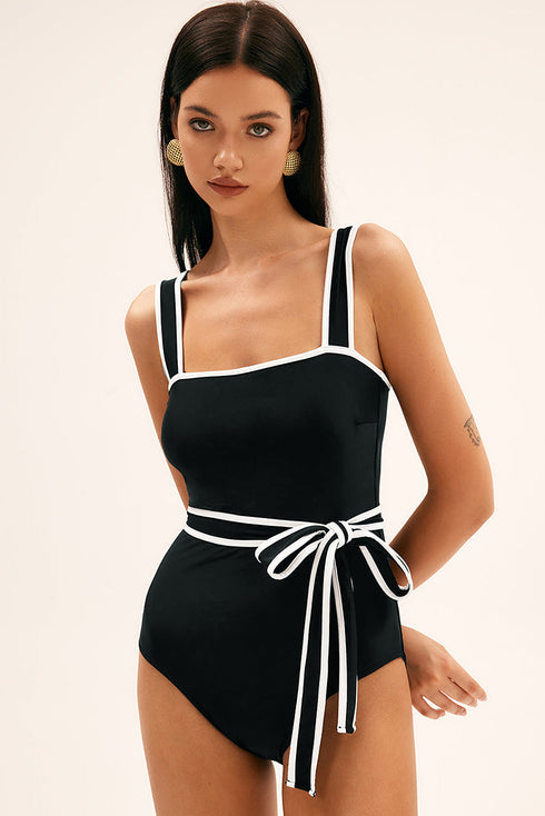 Retro Style Square Neck Belted Shaping One Piece