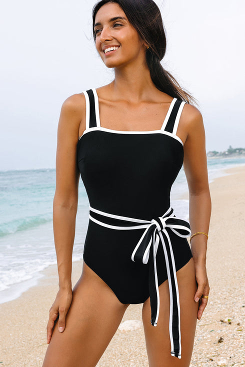 Retro Style Square Neck Belted Shaping One Piece