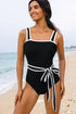 Retro Style Square Neck Belted Shaping One Piece