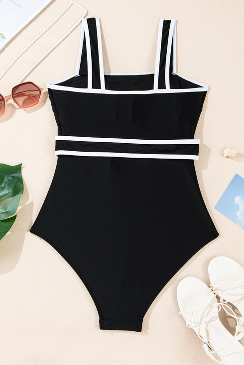 Retro Style Square Neck Belted Shaping One Piece