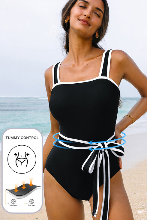 Retro Style Square Neck Belted Shaping One Piece
