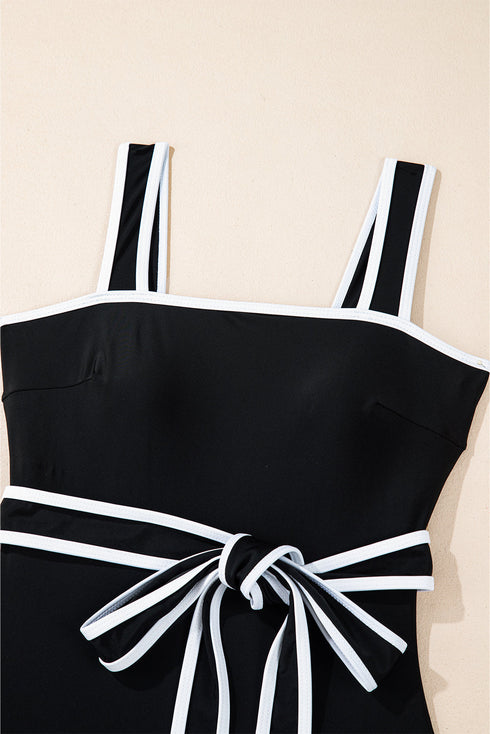 Retro Style Square Neck Belted Shaping One Piece