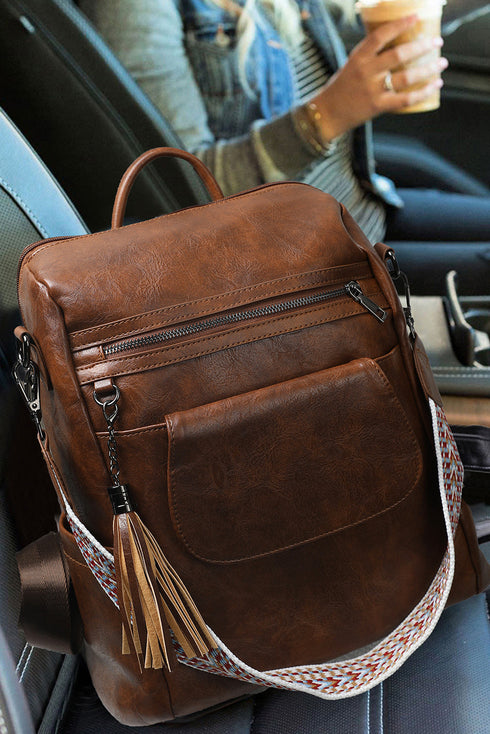 Retro Tassel Fringe Faux Leather Bucket Style Backpack