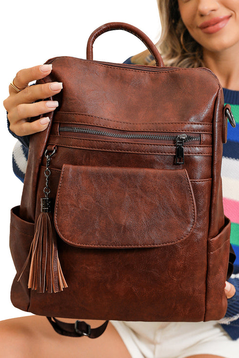 Retro Tassel Fringe Faux Leather Bucket Style Backpack