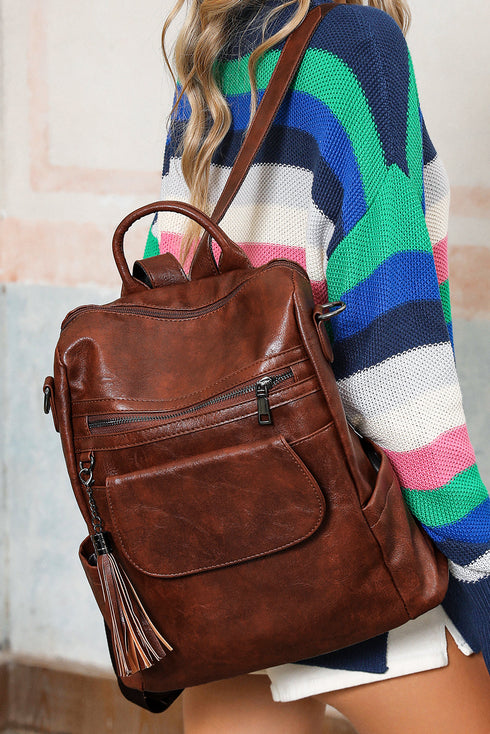 Retro Tassel Fringe Faux Leather Bucket Style Backpack