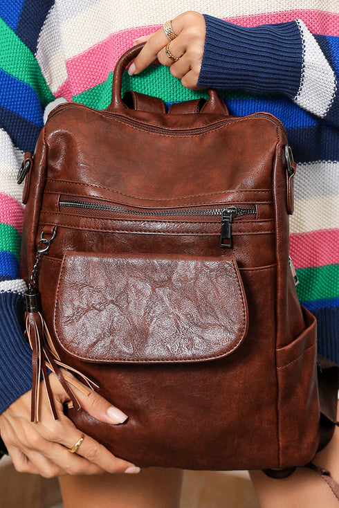 Retro Tassel Fringe Faux Leather Bucket Style Backpack