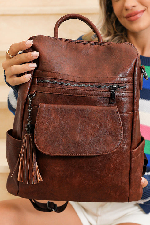 Retro Tassel Fringe Faux Leather Bucket Style Backpack