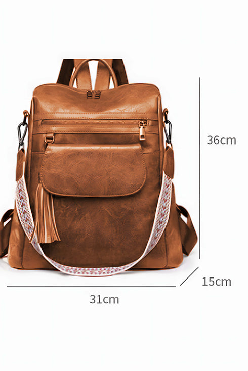 Retro Tassel Fringe Faux Leather Bucket Style Backpack