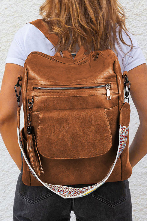 Retro Tassel Fringe Faux Leather Bucket Style Backpack