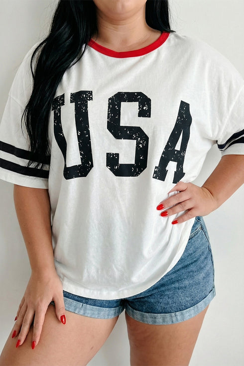 Retro USA Striped Trim Short Sleeve Graphic Tee
