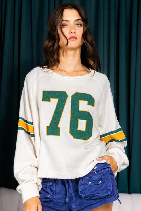 Retro Varsity Graphic Print V Neck Long Sleeve Top