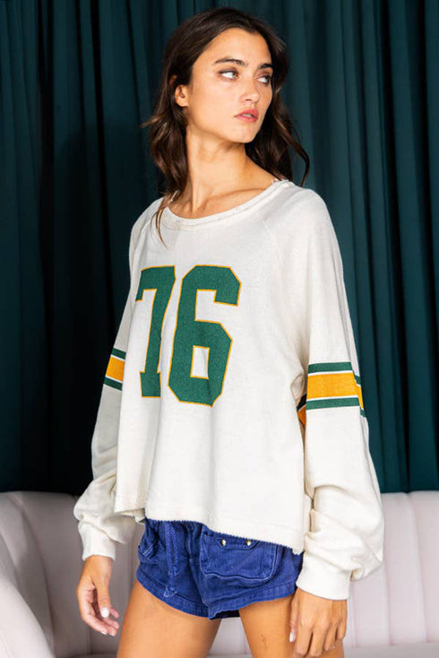 Retro Varsity Graphic Print V Neck Long Sleeve Top