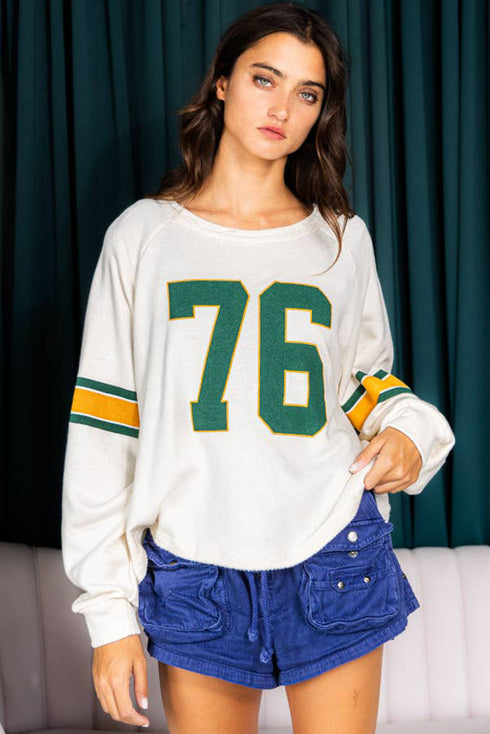Retro Varsity Graphic Print V Neck Long Sleeve Top