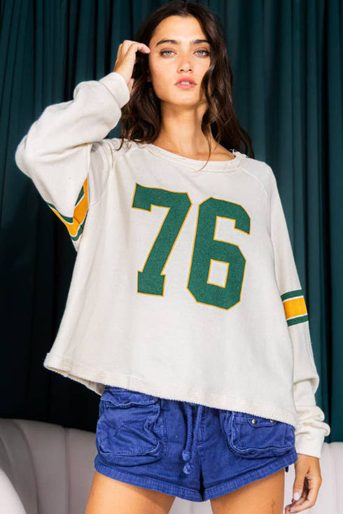 Retro Varsity Graphic Print V Neck Long Sleeve Top